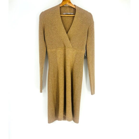 Athleta Chalet Tan Merino Wool Long Sleeve Ribbed V-Neck Stretchy Sweater Dress - Picture 3 of 10